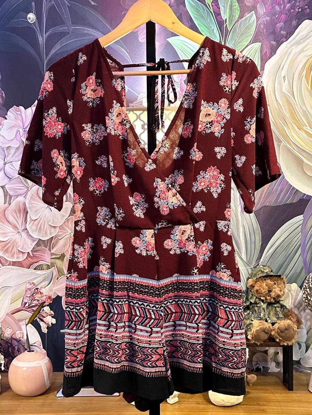 Trixxi Small Romper Lined Floral Print Surplice Neck Short Sleeve Burgundy Blend